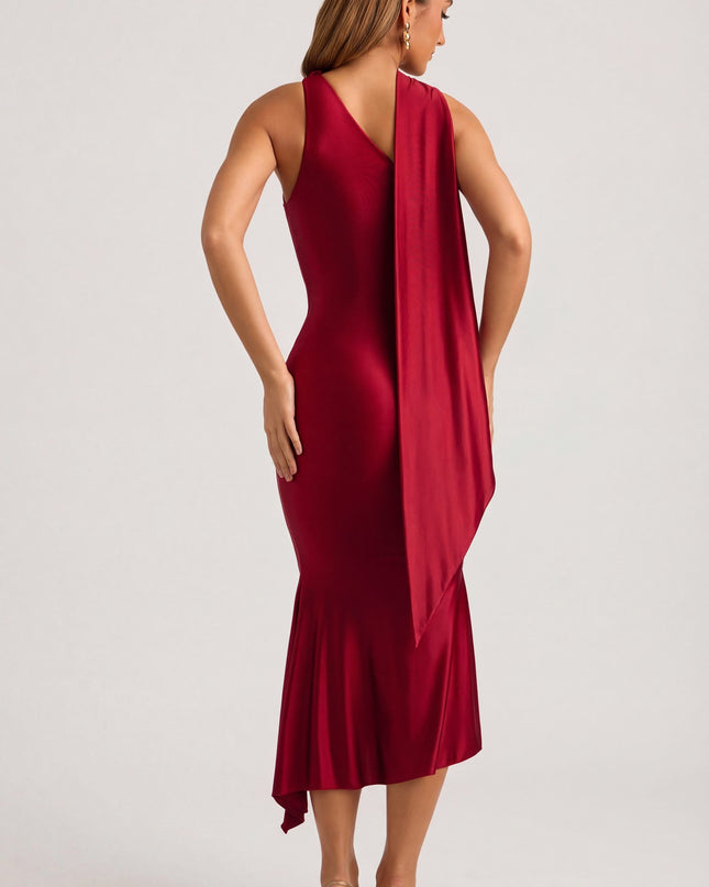 True Red Asymmetric Scarf-Detail Midaxi Dress