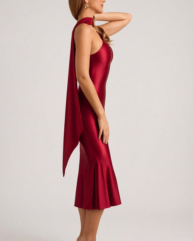 True Red Asymmetric Scarf-Detail Midaxi Dress