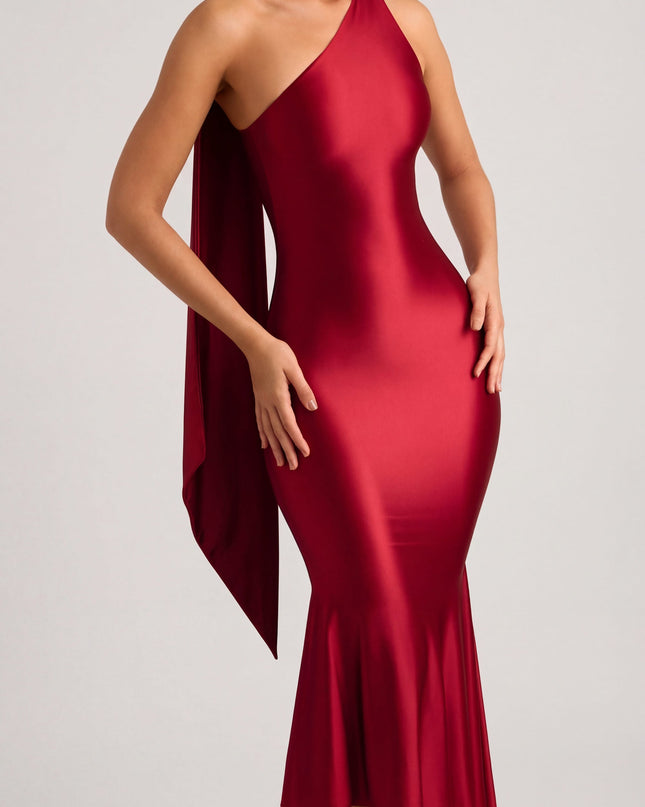 True Red Asymmetric Scarf-Detail Midaxi Dress