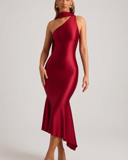 True Red Asymmetric Scarf-Detail Midaxi Dress