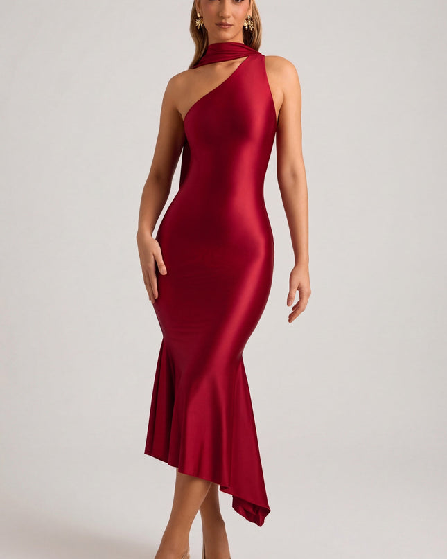 True Red Asymmetric Scarf-Detail Midaxi Dress