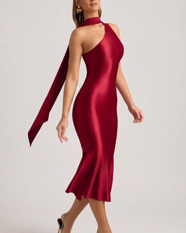 True Red Asymmetric Scarf-Detail Midaxi Dress