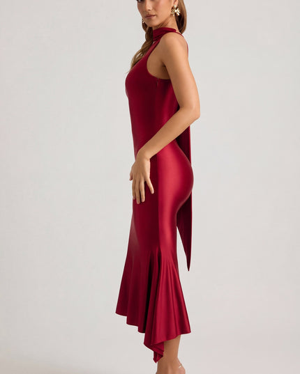 True Red Asymmetric Scarf-Detail Midaxi Dress
