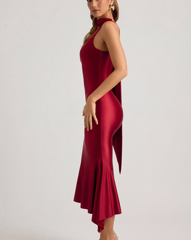 True Red Asymmetric Scarf-Detail Midaxi Dress
