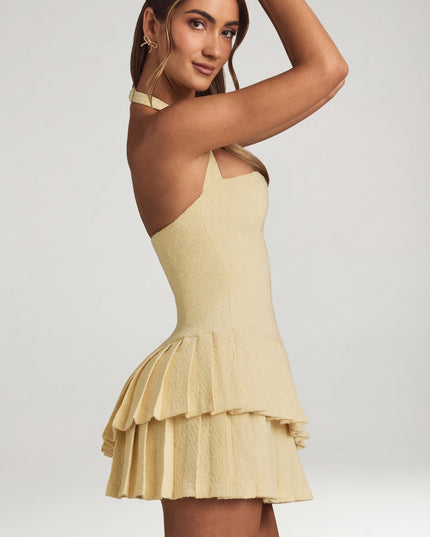 Pastel Yellow Asymmetric Layered Halterneck Mini Dress
