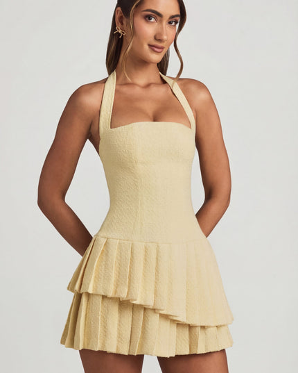 Pastel Yellow Asymmetric Layered Halterneck Mini Dress