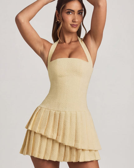 Pastel Yellow Asymmetric Layered Halterneck Mini Dress