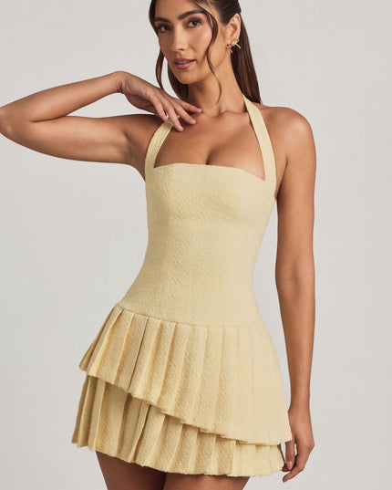 Pastel Yellow Asymmetric Layered Halterneck Mini Dress