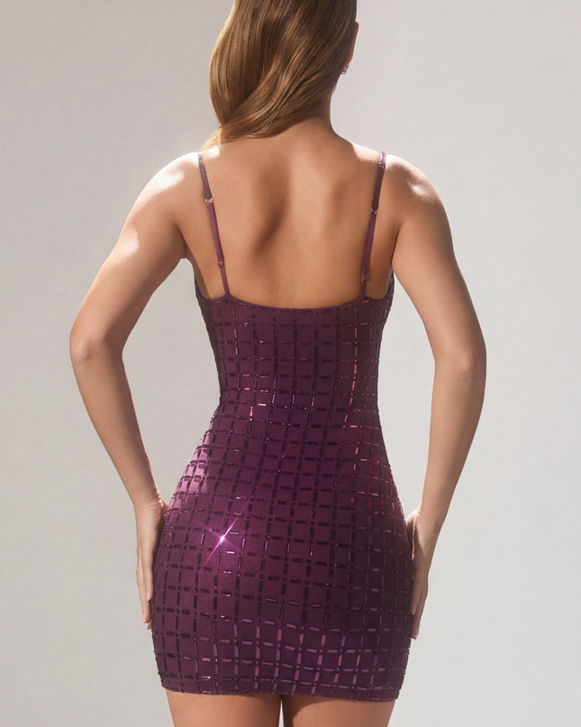 Deep Purple Embellished Plunge Semi-Sheer Mini Dress