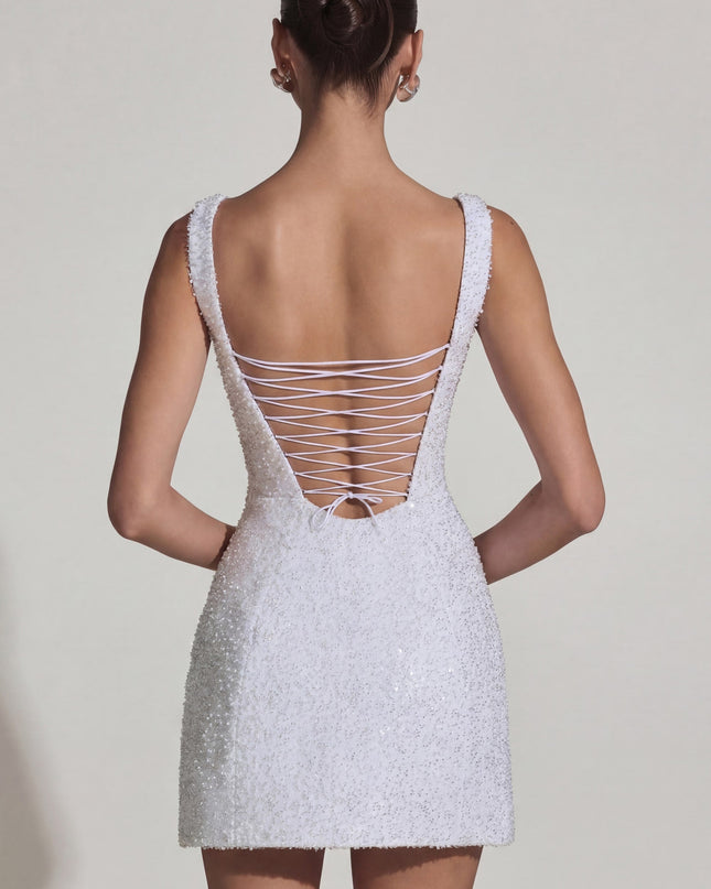 White Embellished Structured A-Line Mini Dress