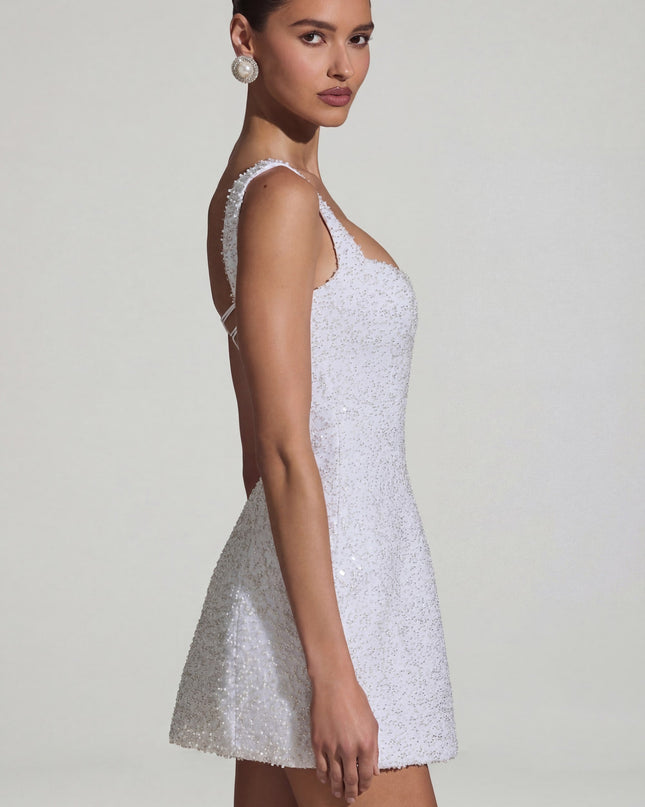 White Embellished Structured A-Line Mini Dress
