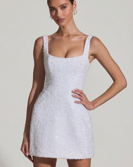 White Embellished Structured A-Line Mini Dress