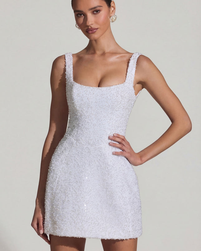 White Embellished Structured A-Line Mini Dress