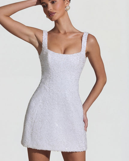 White Embellished Structured A-Line Mini Dress