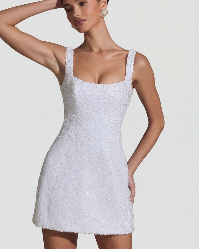 White Embellished Structured A-Line Mini Dress