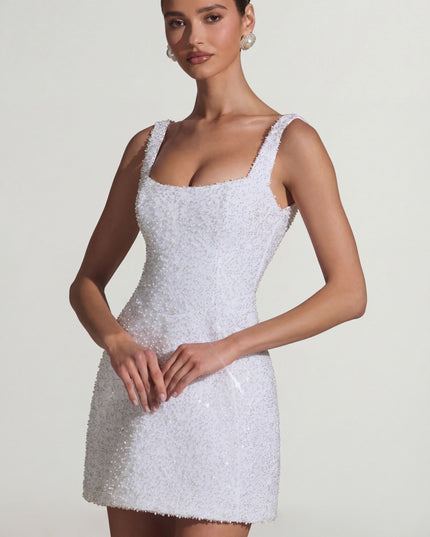 White Embellished Structured A-Line Mini Dress