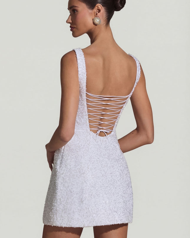 White Embellished Structured A-Line Mini Dress