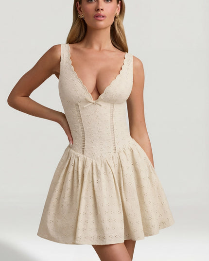 Ivory Broderie Anglaise Bow-Detail A-Line Mini Dress