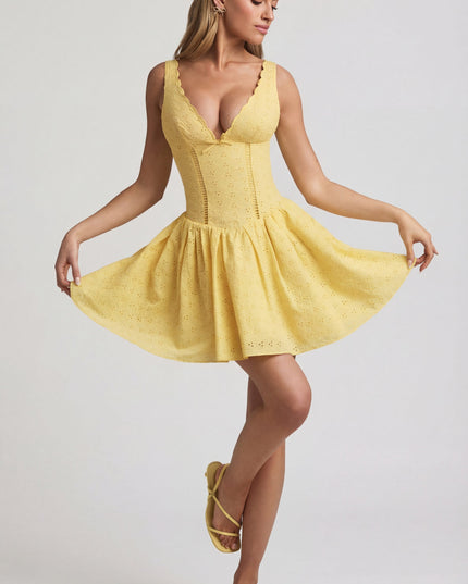 Pastel Yellow Broderie Anglaise Bow-Detail A-Line Mini Dress