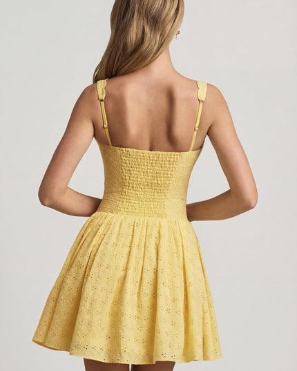 Pastel Yellow Broderie Anglaise Bow-Detail A-Line Mini Dress
