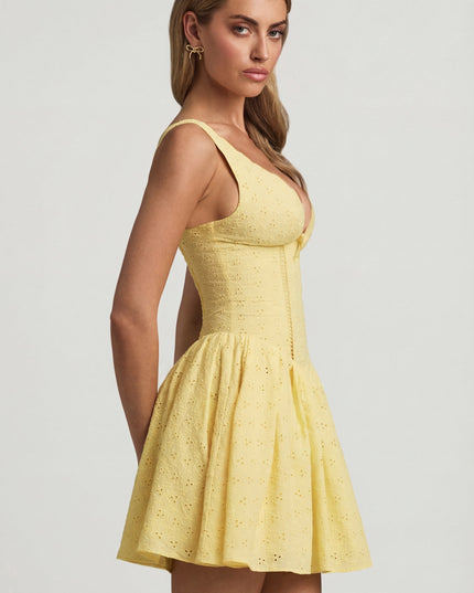 Pastel Yellow Broderie Anglaise Bow-Detail A-Line Mini Dress