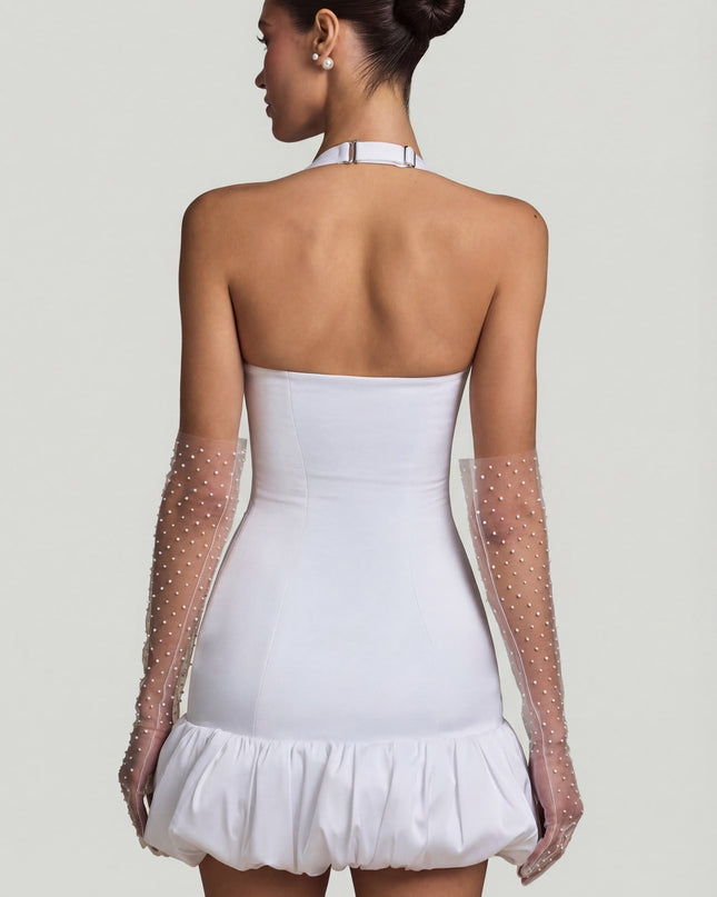 White Bow-Detail Halterneck Bubble Hem Mini Dress