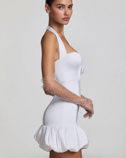 White Bow-Detail Halterneck Bubble Hem Mini Dress