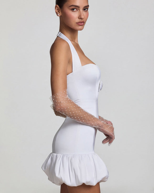 White Bow-Detail Halterneck Bubble Hem Mini Dress