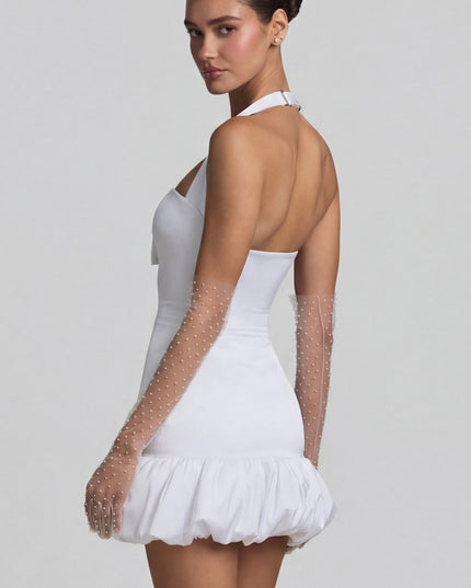 White Bow-Detail Halterneck Bubble Hem Mini Dress