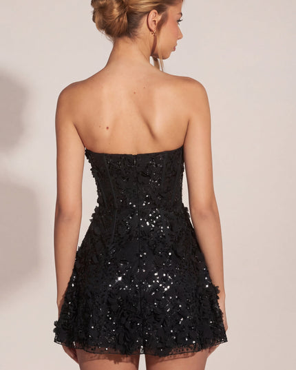 Black Embellished Appliqué Sweetheart Mini Dress