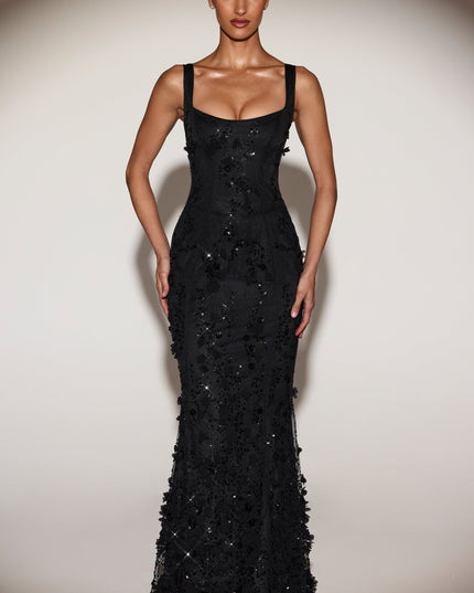 Black Embellished Appliqué Soft-Scoop Corset Gown