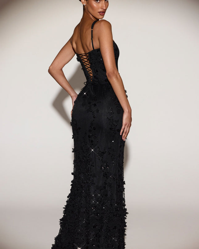 Black Embellished Appliqué Soft-Scoop Corset Gown
