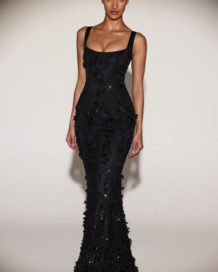 Black Embellished Appliqué Soft-Scoop Corset Gown