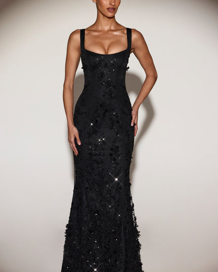 Black Embellished Appliqué Soft-Scoop Corset Gown