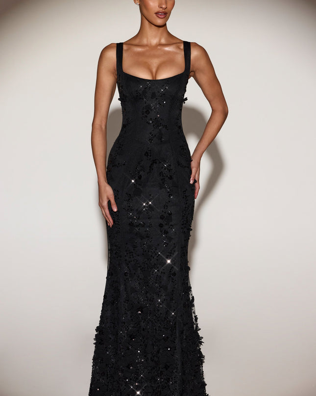 Black Embellished Appliqué Soft-Scoop Corset Gown