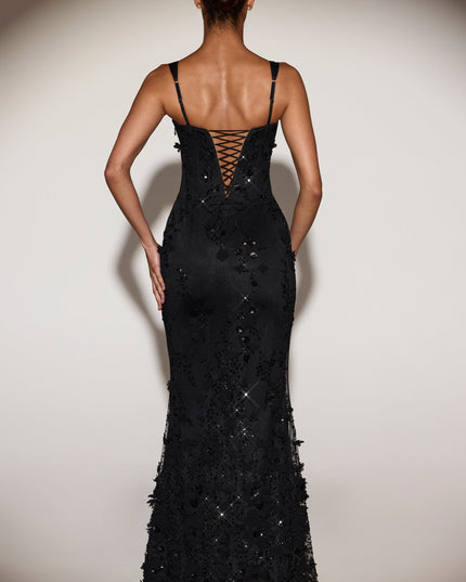 Black Embellished Appliqué Soft-Scoop Corset Gown