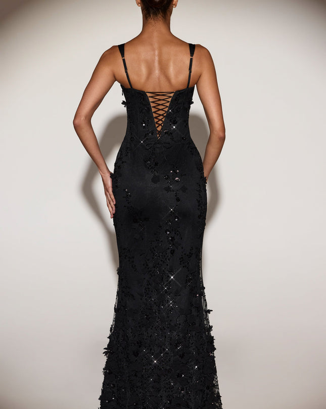 Black Embellished Appliqué Soft-Scoop Corset Gown