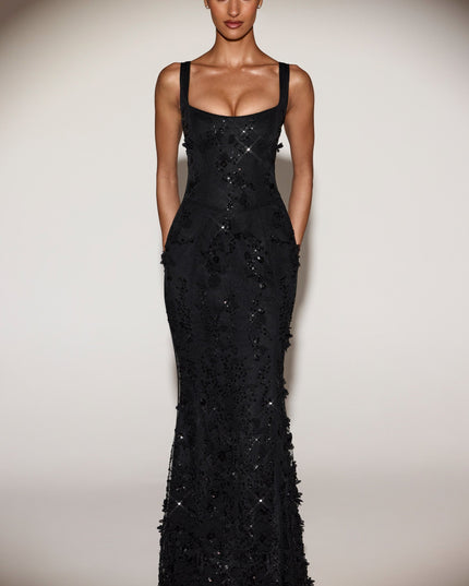 Black Embellished Appliqué Soft-Scoop Corset Gown