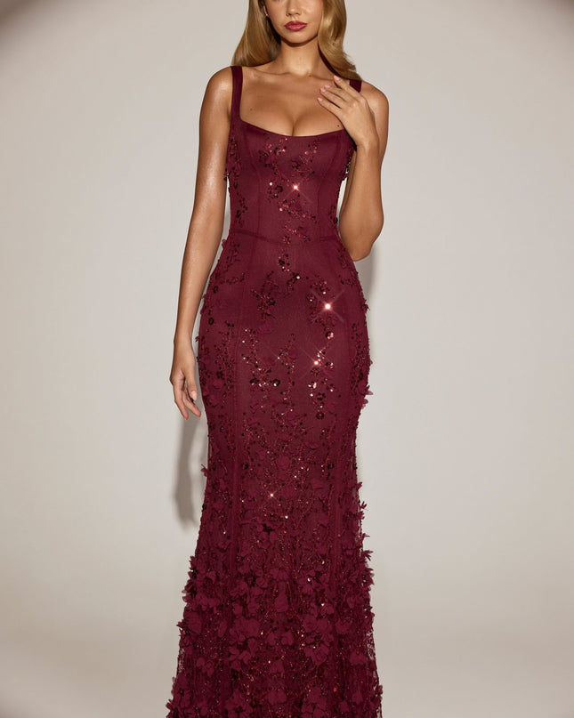 Wine Red Embellished Appliqué Soft-Scoop Corset Gown