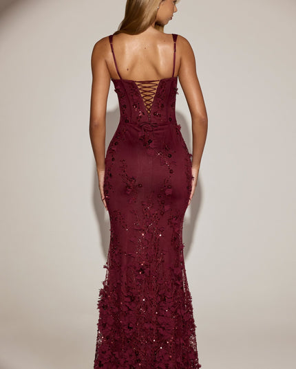Wine Red Embellished Appliqué Soft-Scoop Corset Gown