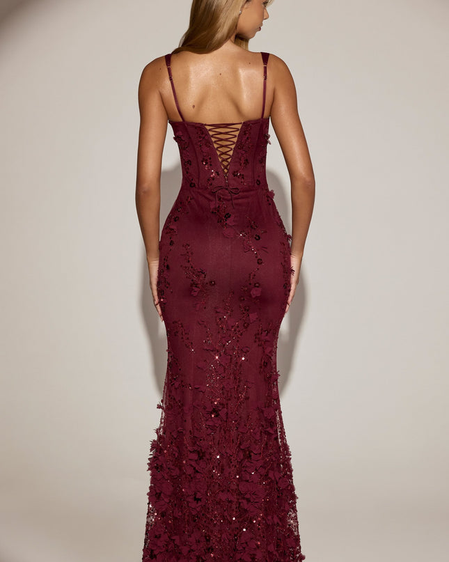Wine Red Embellished Appliqué Soft-Scoop Corset Gown