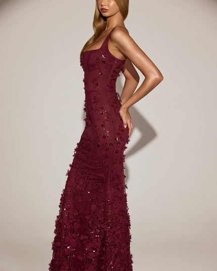 Wine Red Embellished Appliqué Soft-Scoop Corset Gown