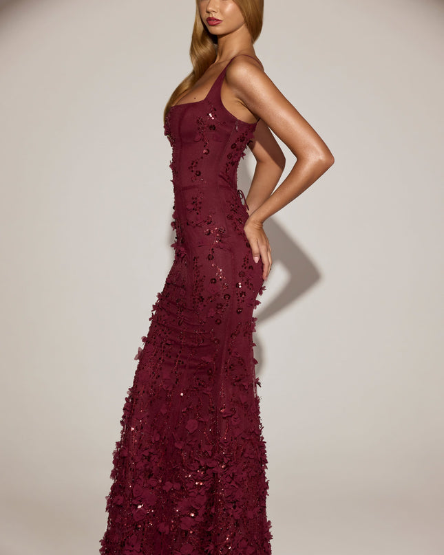Wine Red Embellished Appliqué Soft-Scoop Corset Gown