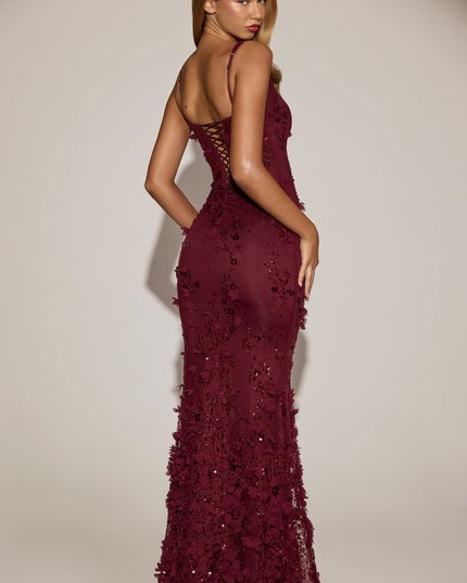 Wine Red Embellished Appliqué Soft-Scoop Corset Gown
