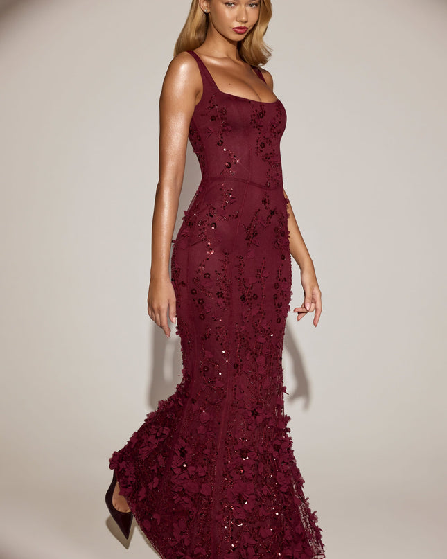 Wine Red Embellished Appliqué Soft-Scoop Corset Gown