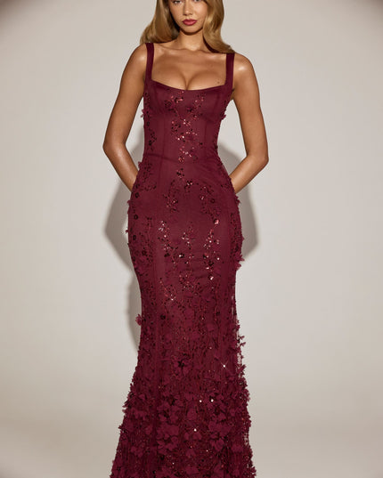 Wine Red Embellished Appliqué Soft-Scoop Corset Gown