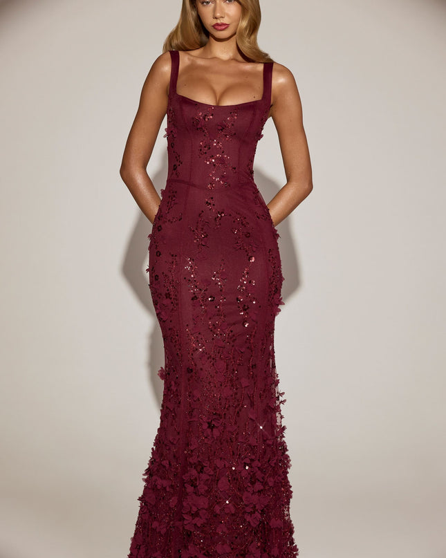 Wine Red Embellished Appliqué Soft-Scoop Corset Gown