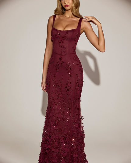 Wine Red Embellished Appliqué Soft-Scoop Corset Gown