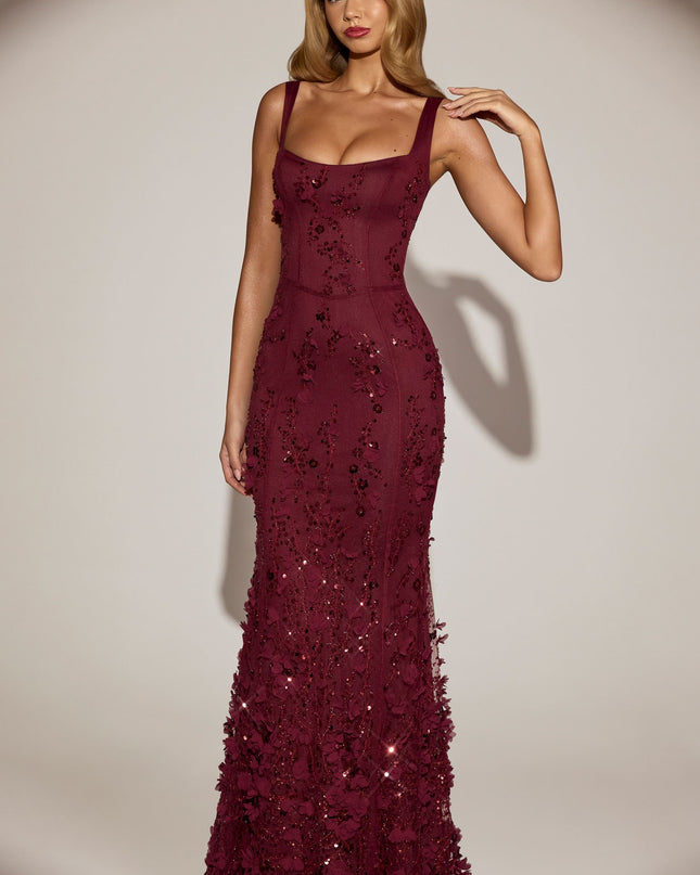 Wine Red Embellished Appliqué Soft-Scoop Corset Gown
