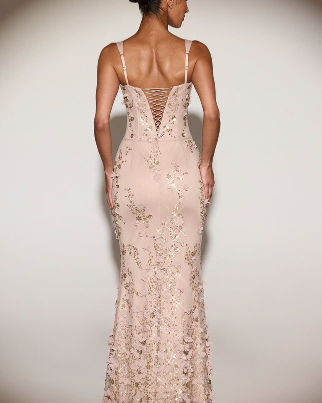 Sand Embellished Appliqué Soft-Scoop Corset Gown